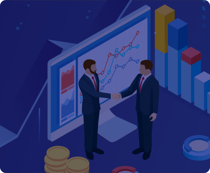 2 businessmen shaking hands in front of a linegraph showing business growth